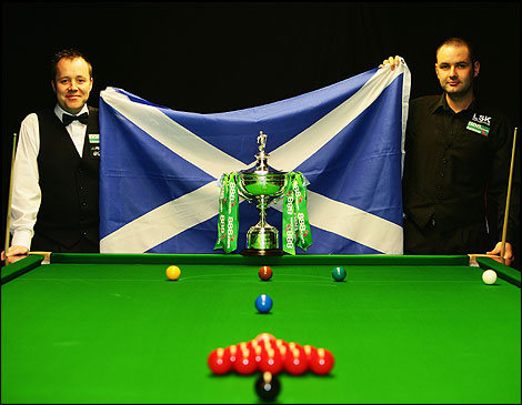 John Higgins and Stephen Maguire with Scotland Flag